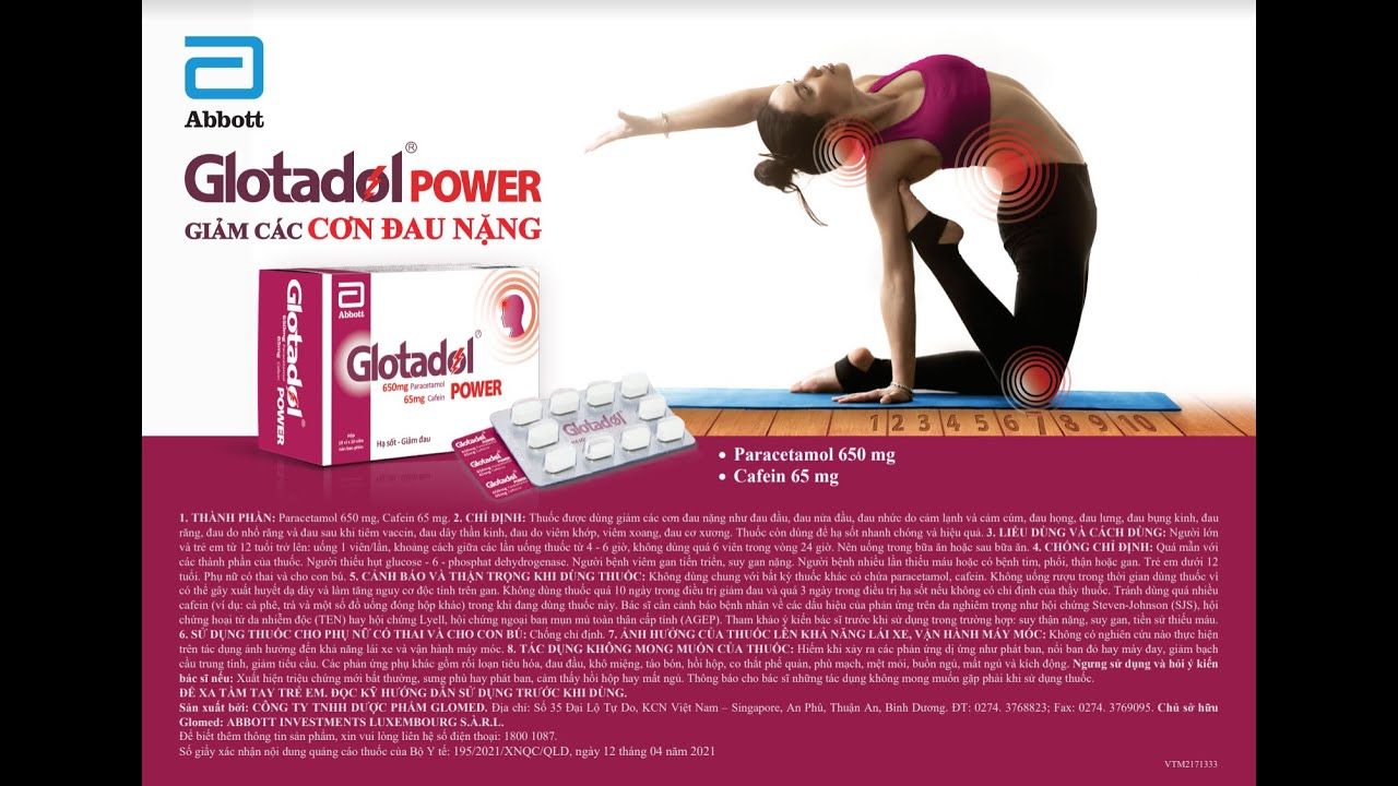 Glotadol Power giúp giảm các cơn đau nặng | Thành phần Paracetamol 650 mg và Caffeine 65 mg